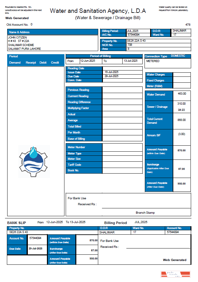 Pakistan Water and Sanitation Agency (LDA) utility bill template in Word and PDF formats